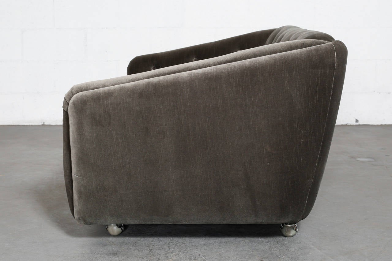 Mid-Century Modern Artifort Grey Velvet Tufted Rolling Sofa