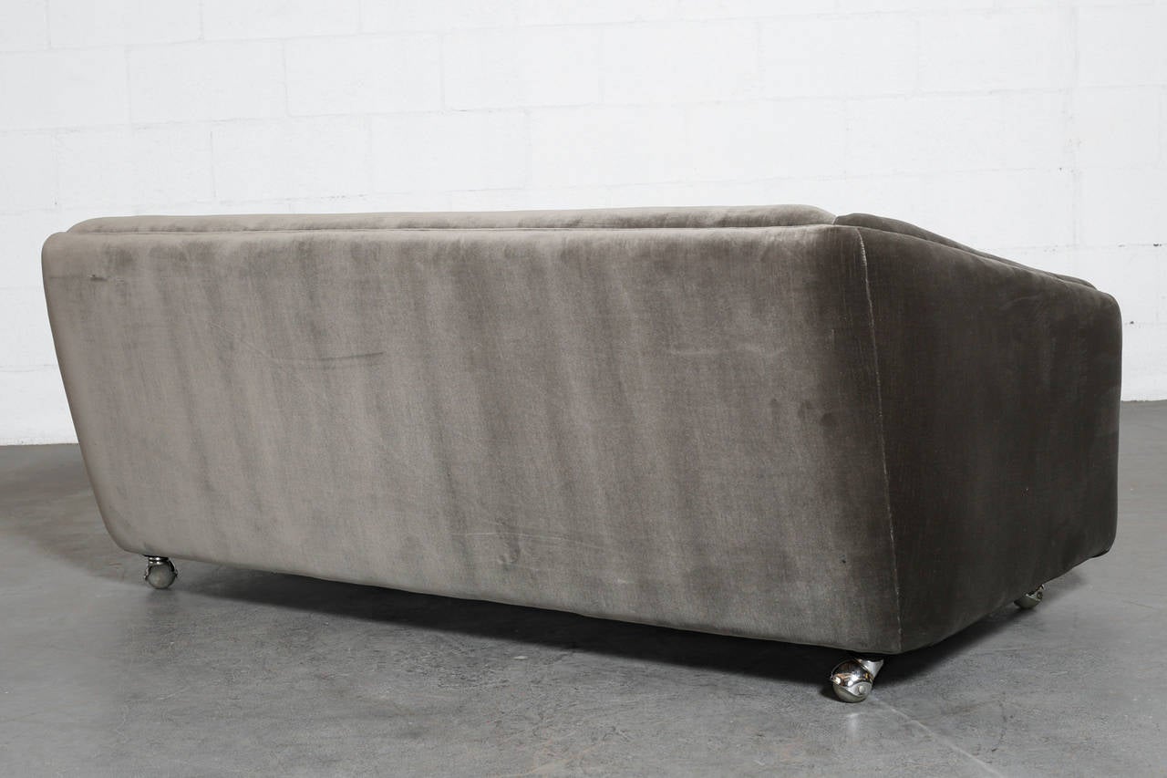 Dutch Artifort Grey Velvet Tufted Rolling Sofa