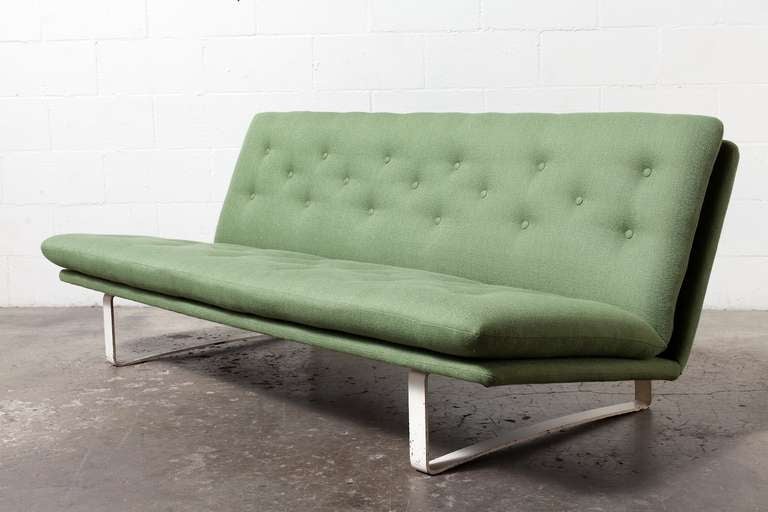 Low and Cool, Newly Re-Upholstered Sofa in Mint with Original White Enameled Base, retains the Original Tag from ARTIFORT