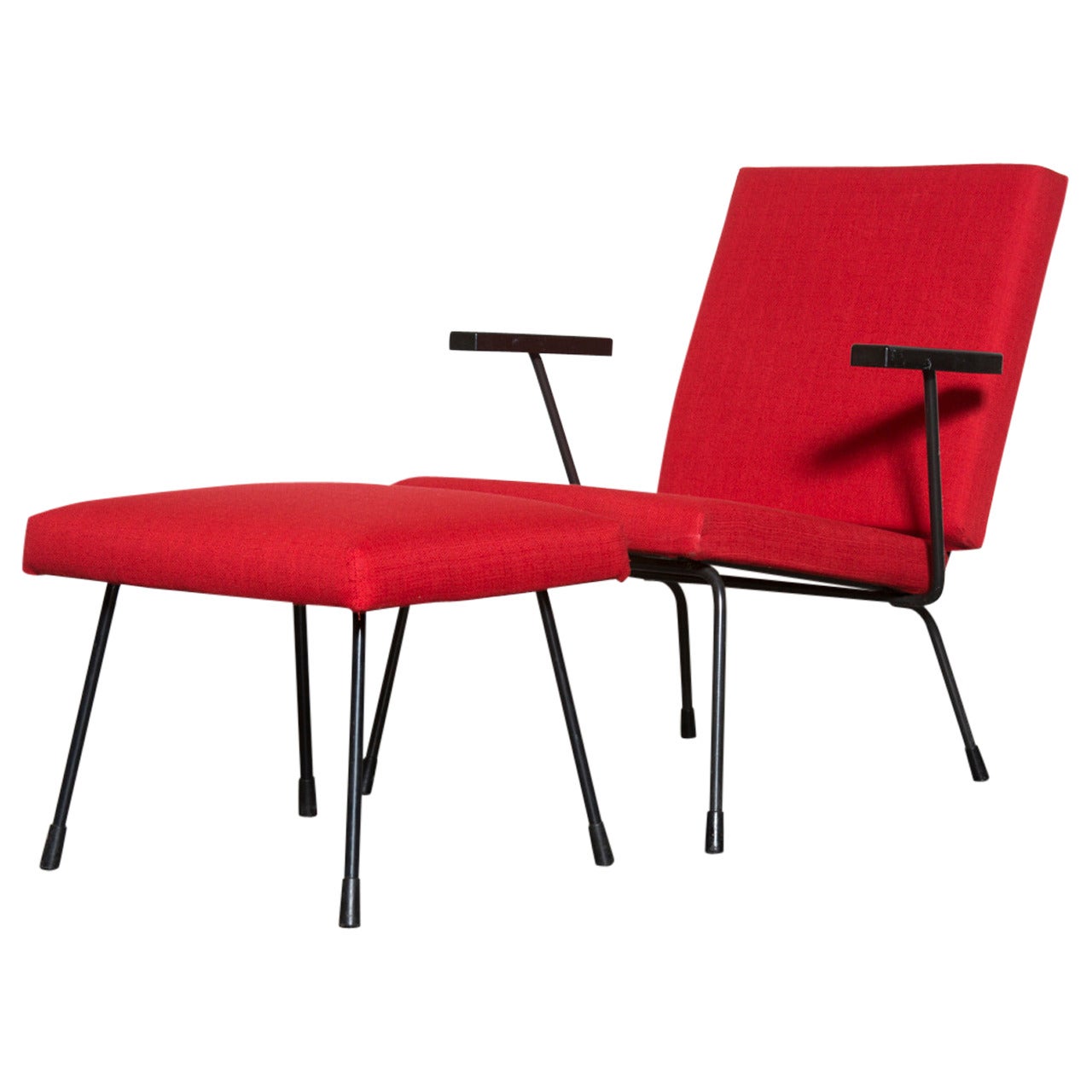 Wim Rietveld No.9 Lounge Chair and Matching Ottoman for Gispen in Red