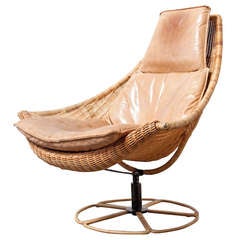 Vintage Gerard Van Den Berg Leather And Rattan Lounge Chair For Montis