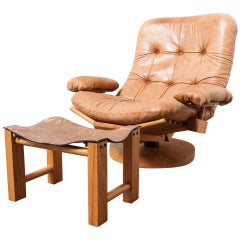 Retro Gerard van den Berg Attributed to Fishbone Lounge Chair with Ottoman