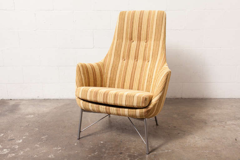 Original High Back Marigold Striped Upholstered Body with Architectural Brushed Chrome Base.