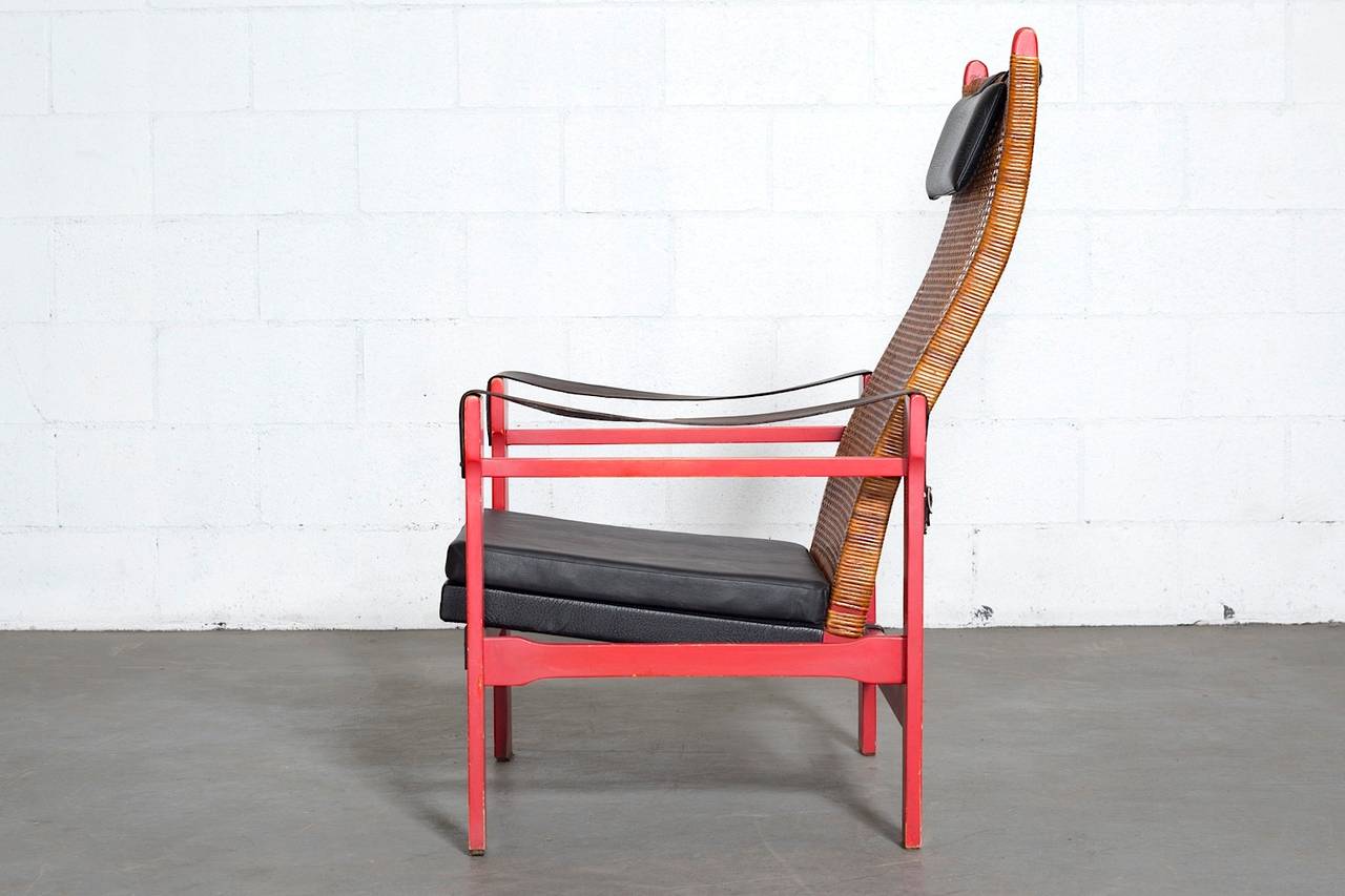 Mid-Century Modern P.J. Muntendam Woven Rattan Lounge Chair with Leather Armrests