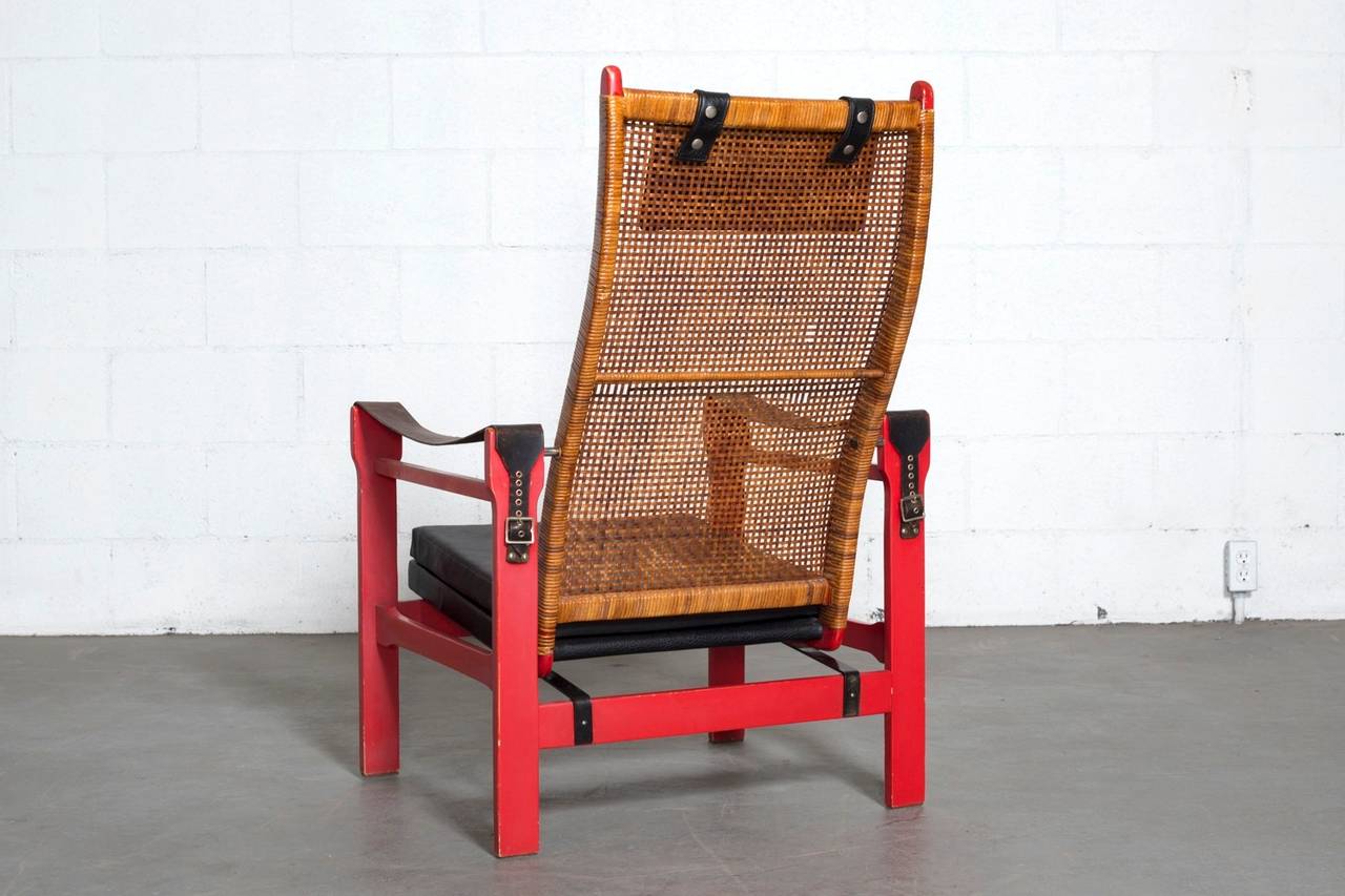 Dutch P.J. Muntendam Woven Rattan Lounge Chair with Leather Armrests