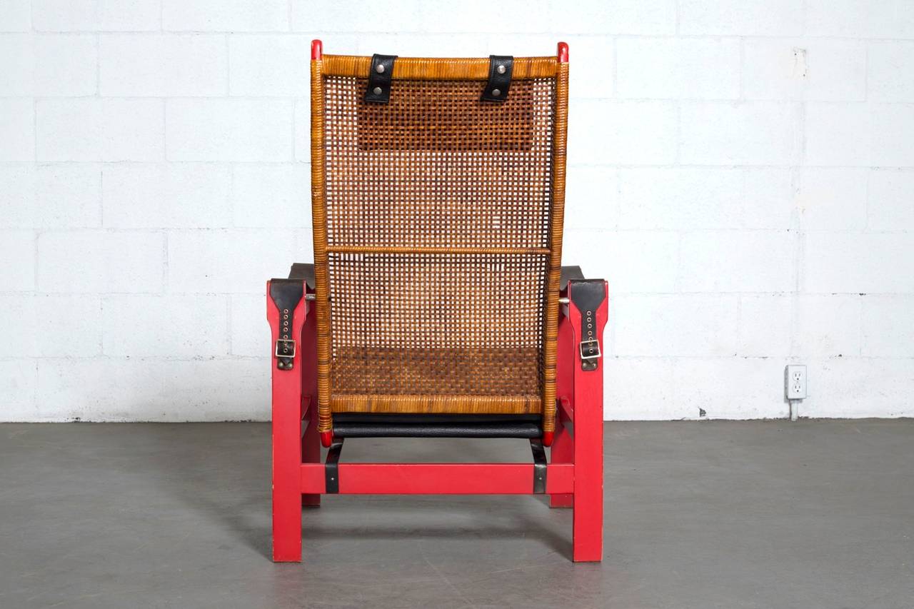 Painted P.J. Muntendam Woven Rattan Lounge Chair with Leather Armrests
