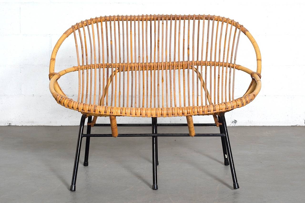 1960's Rohé Noordwolde Bamboo Hoop Loveseat with Enameled Wire Frame and Rattan Detail. In Original Condition with Some Visible Wear/Fading to Rattan and Bamboo Consistent with Age and Use.