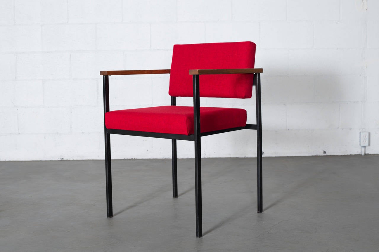 Set of 6 Newly Upholstered in Red with Black Enameled Metal Frames and Teak Armrests. Set Price. Frames are in Original Condition with Some Wear to Enamel Consistent with Age and Use.