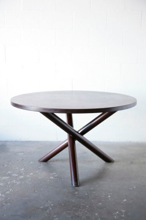 Hans Bellman Style Round Wenge Wood Table Top sits on top of a spectacular tri-pod base.