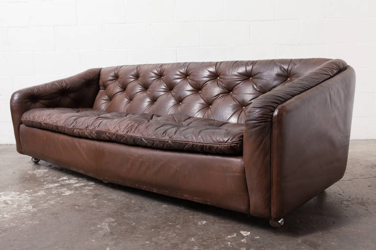Artifort Brown Tufted Leather Rolling Sofa