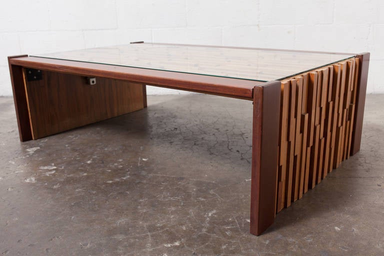 Brazilian Designer Percifal Lafer designed this Amazing Mixed Jacaranda Slat wood Collapsible Coffee Table. Legs fold inwards.
