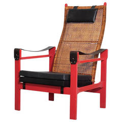 P.J. Muntendam Woven Rattan Lounge Chair with Leather Armrests
