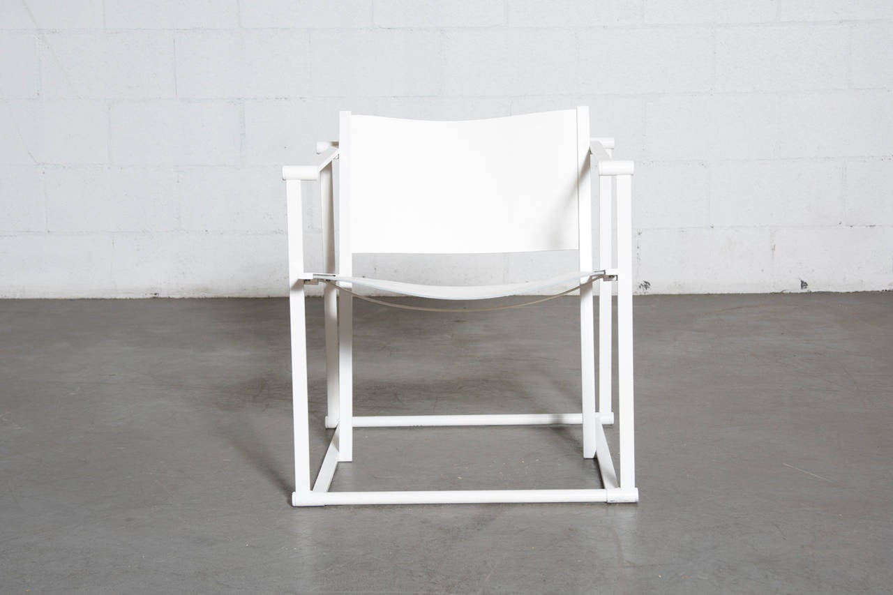 UMS Pastoe FM60 cubic lounge chair, designed in 1980 by Radboud van Beekum. White enameled steel frame with new leather seating. Frame is in original condition with some wear to enamel.

Dutch designer Radboud van Beekum designed his cube chair