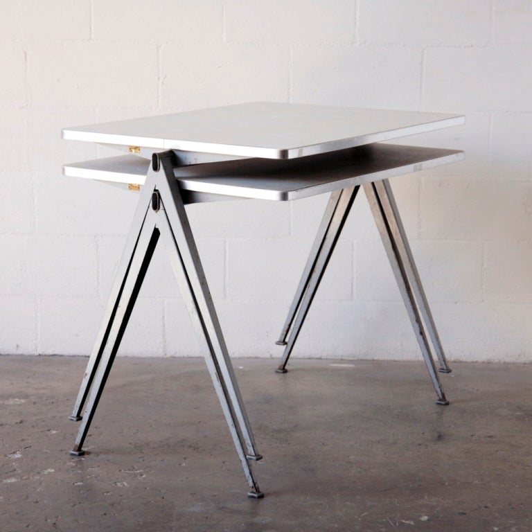 Wm. Rietveld PYRAMID Table. Industrial Stacking table with metal V shaped legs, from the Pyramid series, Inspired by Jean Prouve. Table Top Measures 27.75