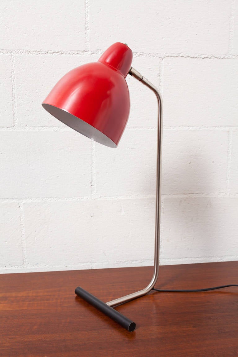 Small Floor or Large Table Lamp with Metal Frame and Adjustable Red Enameled Shade, circa 1955