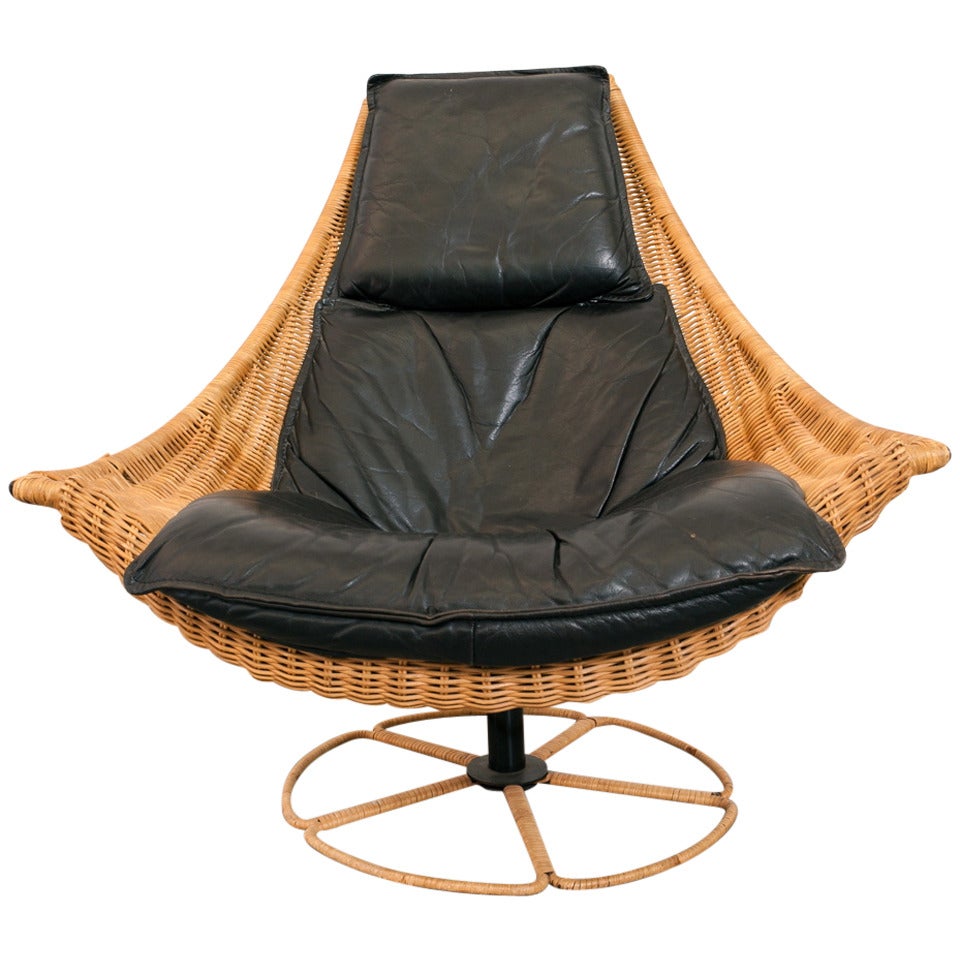 Gerard Van Den Berg Leather and Rattan Swivel Chair