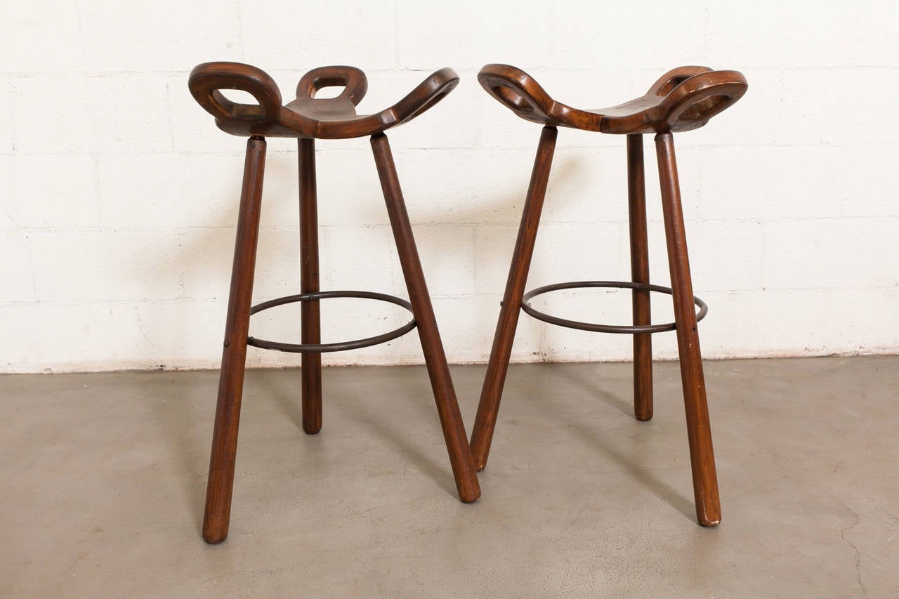 Stained Pair of Sergio Rodrigues Style Bar Stools