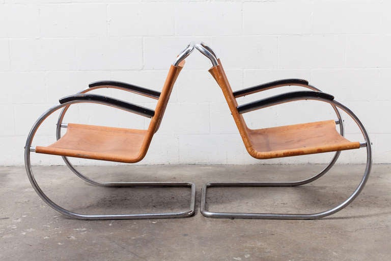 Pair of Bauhaus Style Leather and Chrome Lounge Chairs at 1stdibs