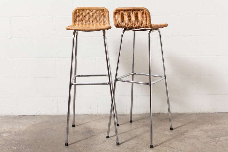 Dutch Set of 4 Charlotte Perriand Style Wicker Bar Stools