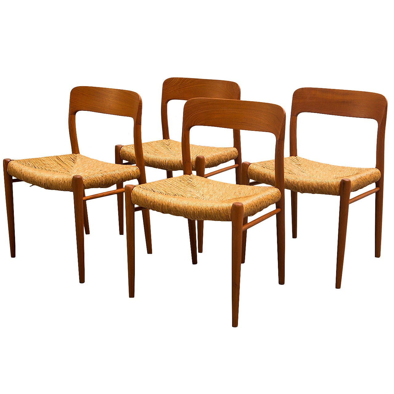 Set of Four Niels Moller Model 75 Teak Dining Chairs with Rush Seating