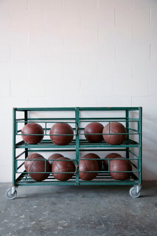 Green Enameled Industrial Metal Gym Ball Storage Cage with Double Lockable Doors. Medicine Balls Included.