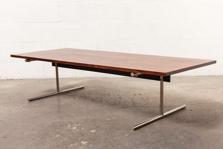 Large Rosewood and Brushed Steel Coffee Table with Enameled Metal Black Support.