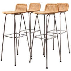 Used Set of 4 Charlotte Perriand Style Wicker Bar Stools