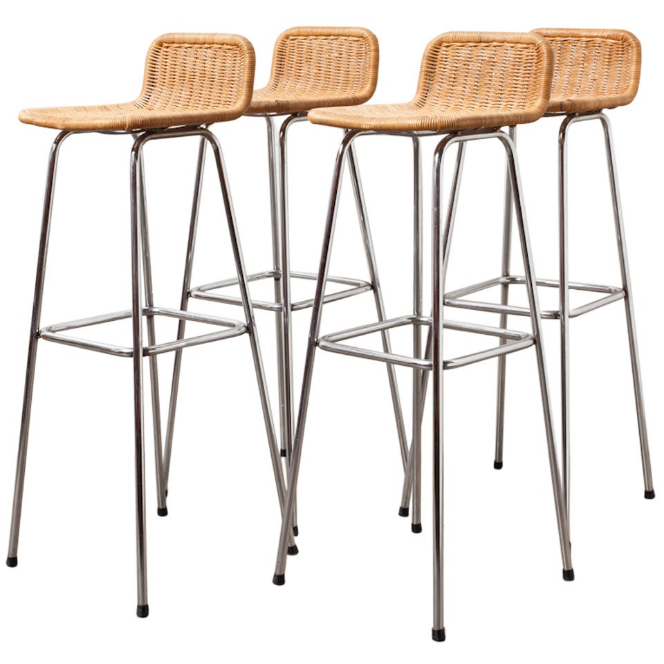 Set of 4 Charlotte Perriand Style Wicker Bar Stools
