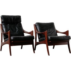 Pair Of Mid-century Modern Teak And  Leather Easy Chairs