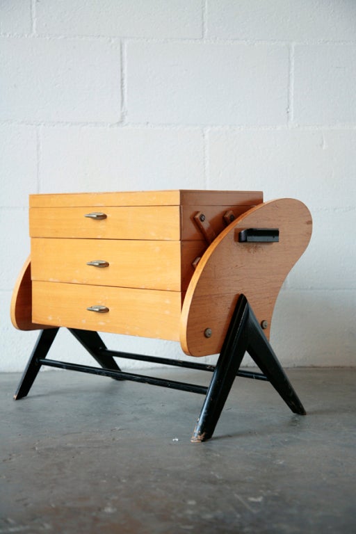 Birch Veneered Sewing Box which Opens Accordian Style. Beautiful Organic Side Shapes and Prouve Style Legs