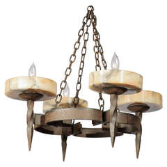 Alabaster and Wrought Iron Chandelier