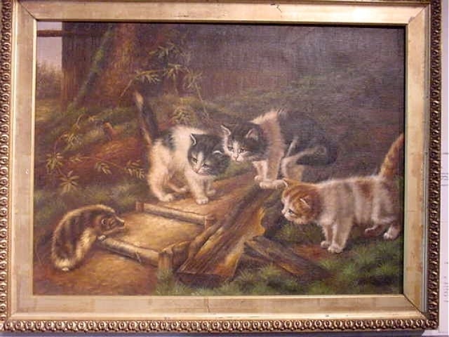 Endearing painting of kittens and a hedgehog, oil on canvas, unsigned, late 19th century. The gold leaf frame is old, but probably not original.