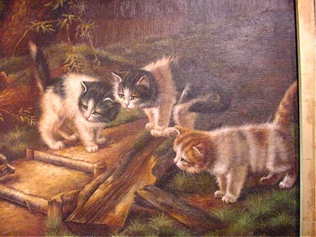 English Painting of Kittens and Hedgehog