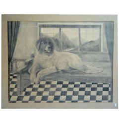 Antique Graphite Drawing of a Newfoundland Dog