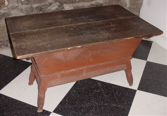 Museum quality dough box in original untouched red paint, two-board removable top, early turnings on legs, reeded base, very good condition with normal wear consistent with its age and usage. Circa 1770-1800, Bergen County or Pennsylvania origin.