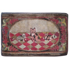 Antique Hooked Rug - Cat and Kittens