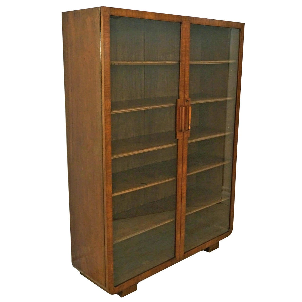 Art Deco Walnut Cabinet with Glass Doors and Wood Shelves