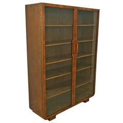 Art Deco Walnut Cabinet with Glass Doors and Wood Shelves