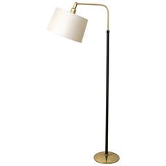 Stitched Leather and Brass Floor Lamp with Linen Shade, Spain circa 1940