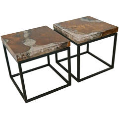 Pair of Square Teak Wood and Crackle Resin Side Tables, Idonesia