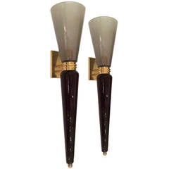 Large Pair of Black and Gray Murano Glass Wall Sconces, Italy, circa 1940