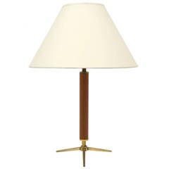 Stitched Tan Leather Desk or Table Lamp on Brass Tripod Base, Spain, circa 1950 Stitched Tan Leather Desk or Table Lamp on Brass Tripod Base, Spain, circa 1950