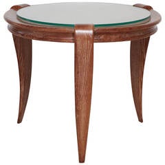 Round Cerused Oak Tripod Side Table with Glass Top and Tappering Legs