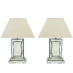 Pair of Rectangular Mirrored Table Lamps on Mirrored Bases, Belgium