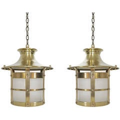 Pair of Circular Brass Lanterns with Frosted Glass Shades, France, circa 1950