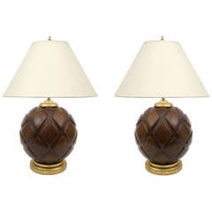 Unique Pair of Carved Wood Sphere Lamps on Giltwood Bases, France, circa 1930
