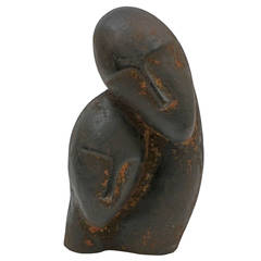 Vintage French Terracotta Glazed Sculpture of Two Heads, circa 1960-1970