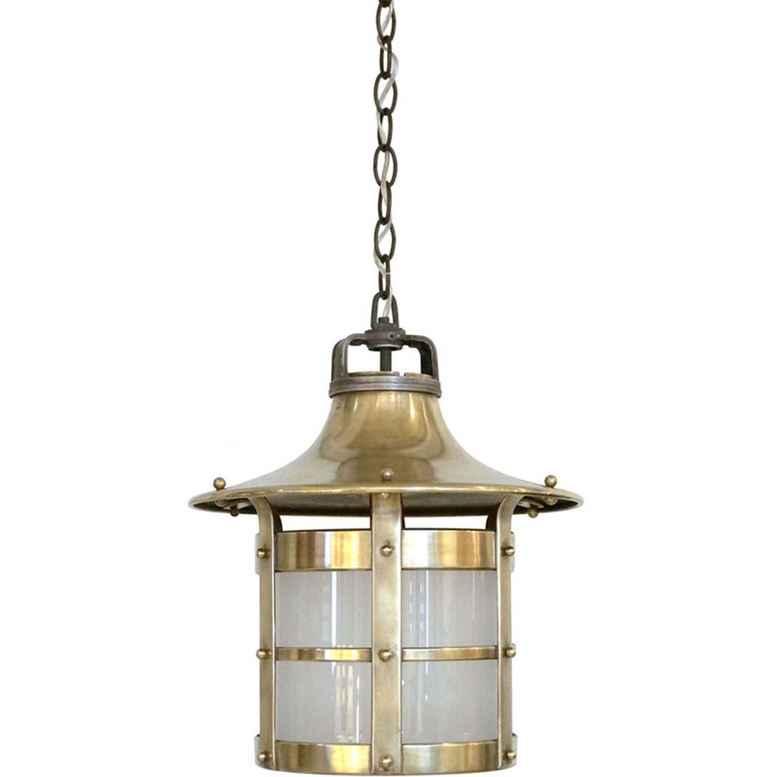 Circular Brass Lantern with Frosted Glass Shade, France, circa 1950