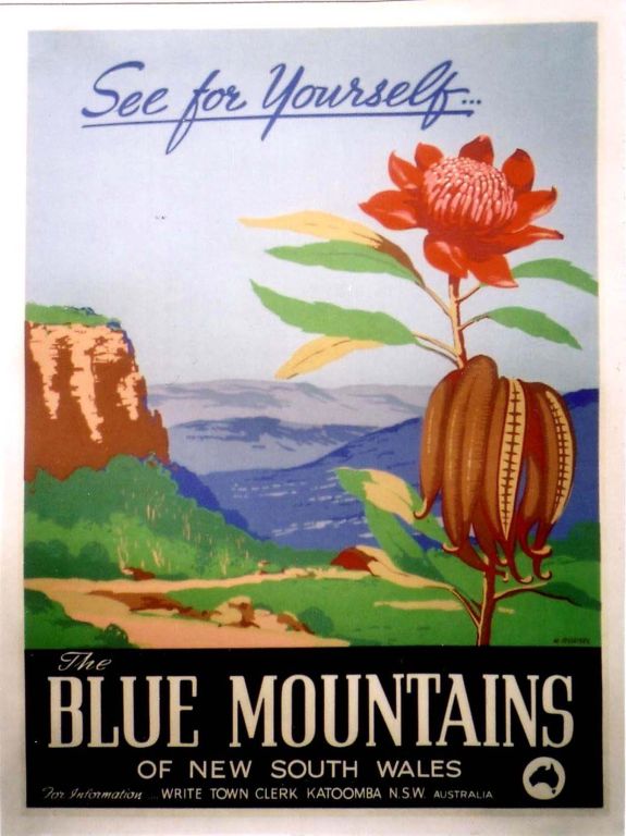 A beautiful and brightly colored Australian travel poster advertising the Blue Mountains of New South Wales. <br />
Long famous for its breathtaking waterfall and sandstone vistas, the Blue Mountains have been one of Australia’s premier tourism
