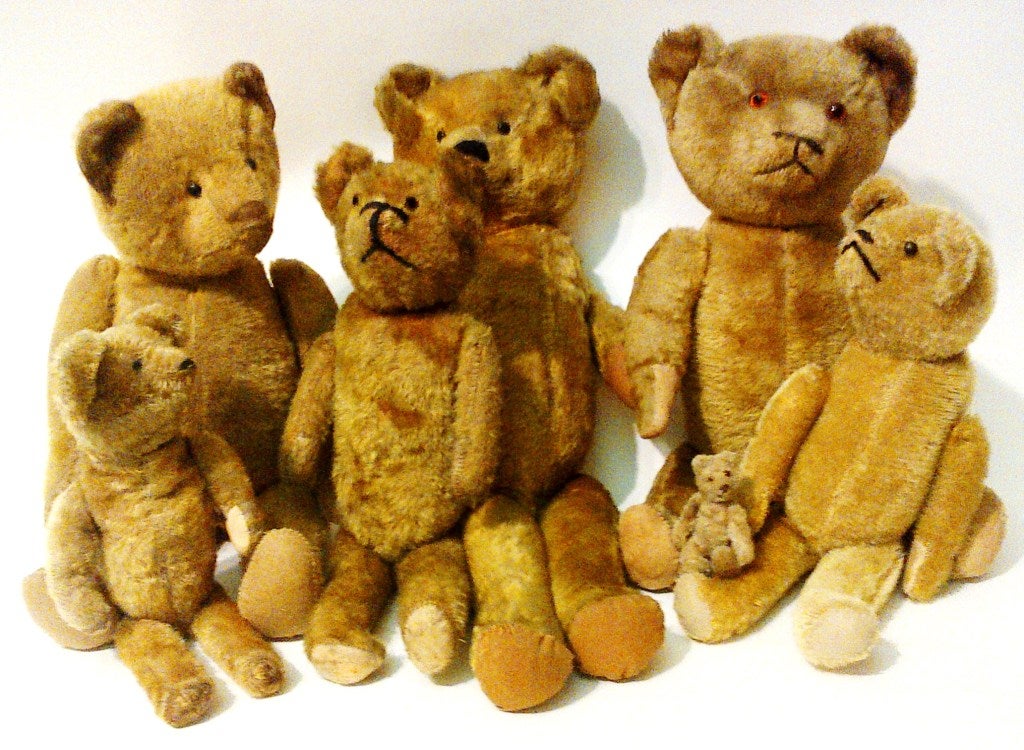 A ready-made collection of seven mohair and plush bears.  Sizes range from three inches tall to 24 inches in height.  Various makers and countries produced these wonderful bears!